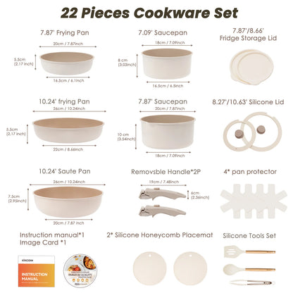 22 pieces, non-stick, induction, dishwasher and oven safe, khaki. Great gift for Christmas and Halloween.KIKCOIN.