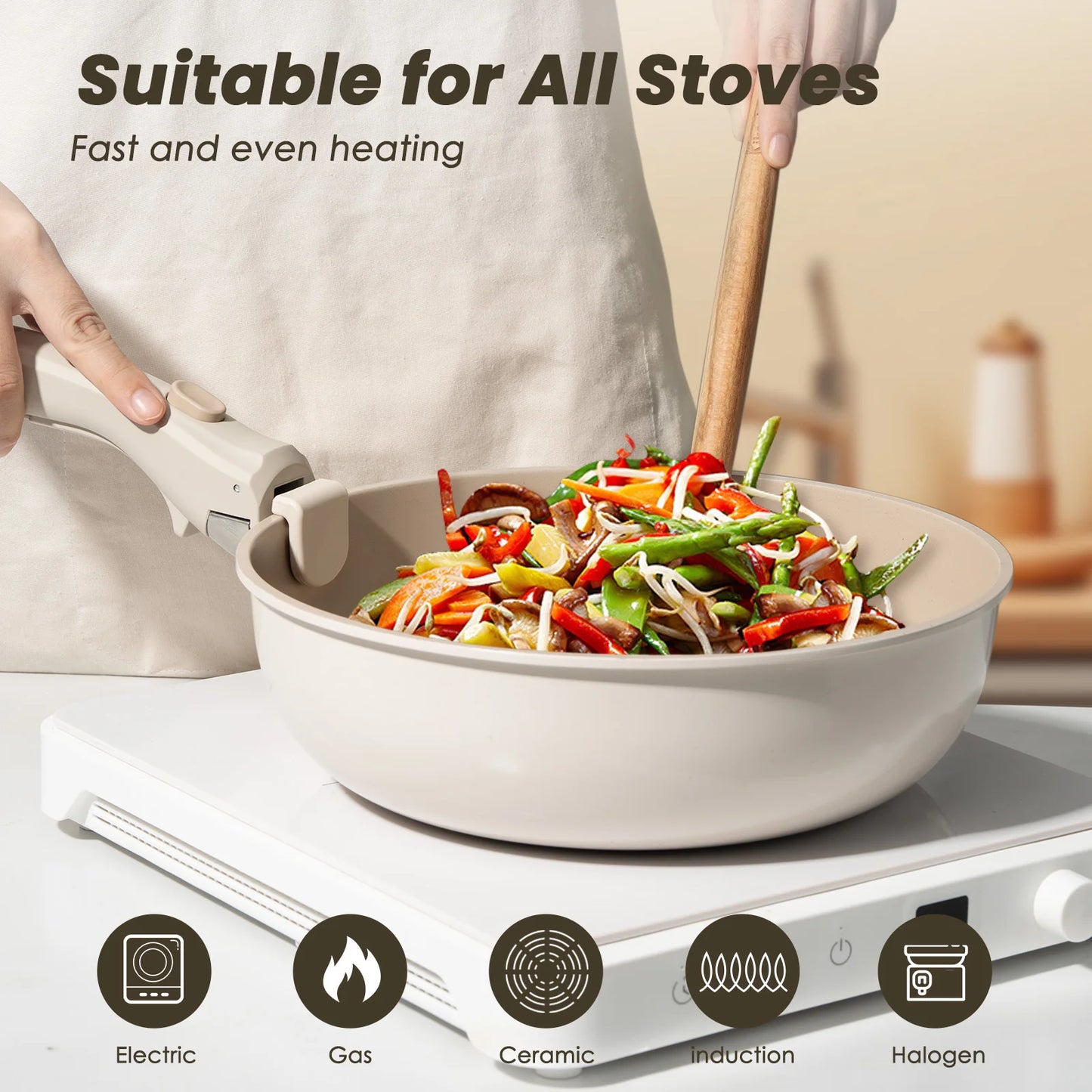 22 pieces, non-stick, induction, dishwasher and oven safe, khaki. Great gift for Christmas and Halloween.KIKCOIN.