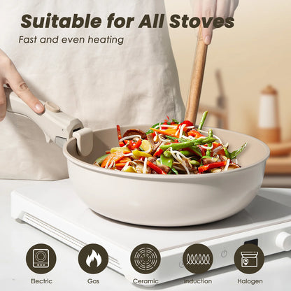 22 pieces, non-stick, induction, dishwasher and oven safe, khaki. Great gift for Christmas and Halloween.KIKCOIN.