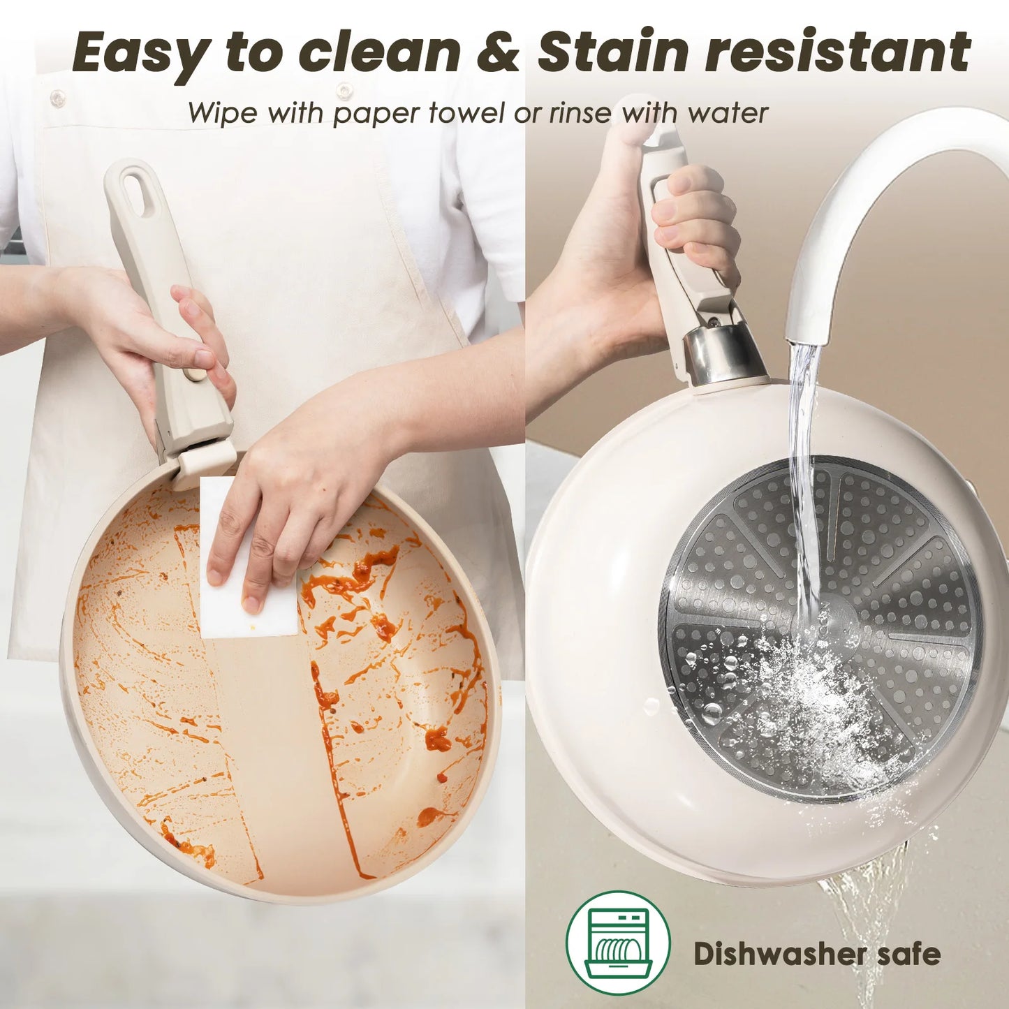 22 pieces, non-stick, induction, dishwasher and oven safe, khaki. Great gift for Christmas and Halloween.KIKCOIN.