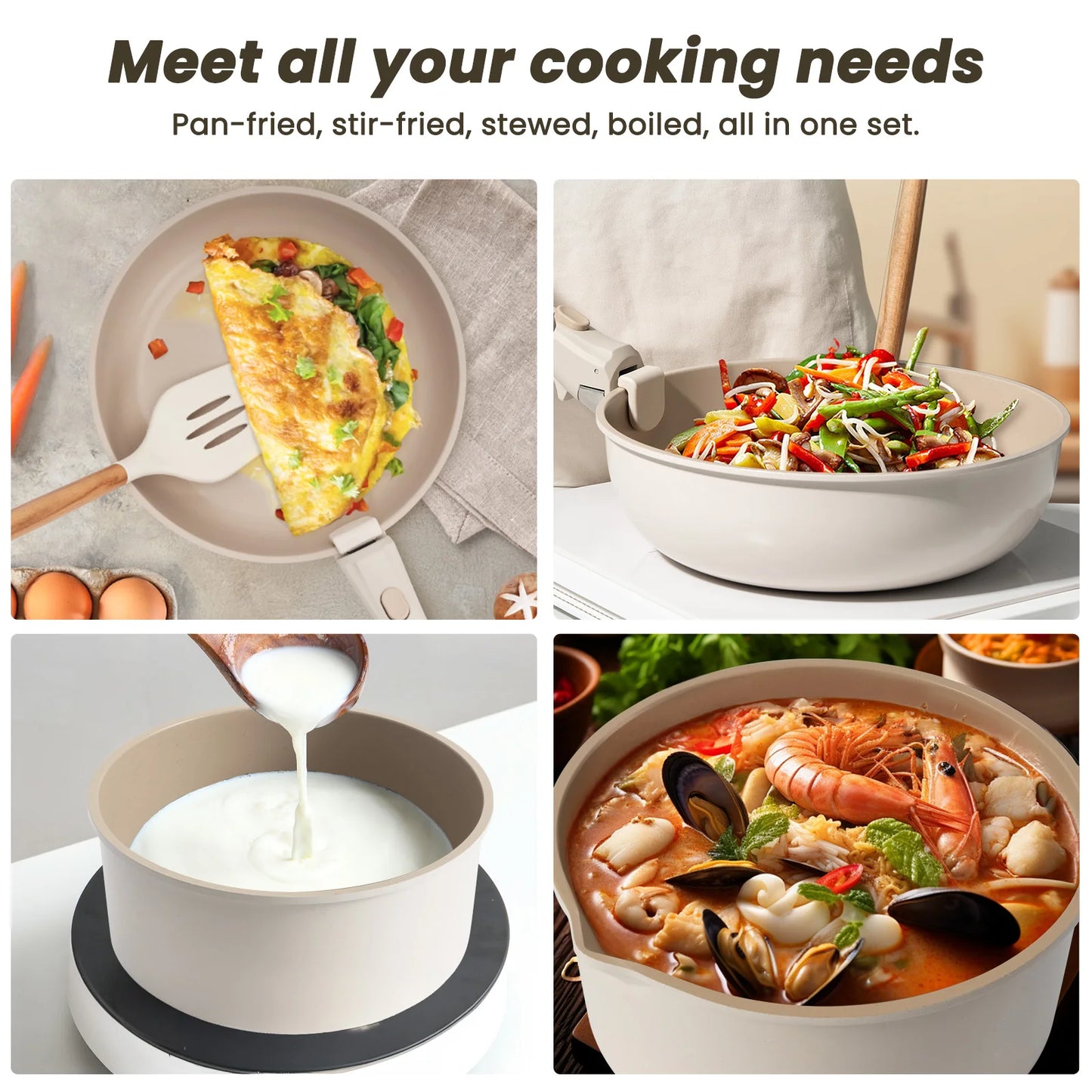 22 pieces, non-stick, induction, dishwasher and oven safe, khaki. Great gift for Christmas and Halloween.KIKCOIN.