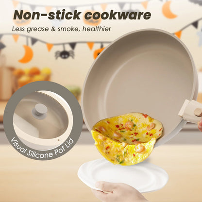 22 pieces, non-stick, induction, dishwasher and oven safe, khaki. Great gift for Christmas and Halloween.KIKCOIN.