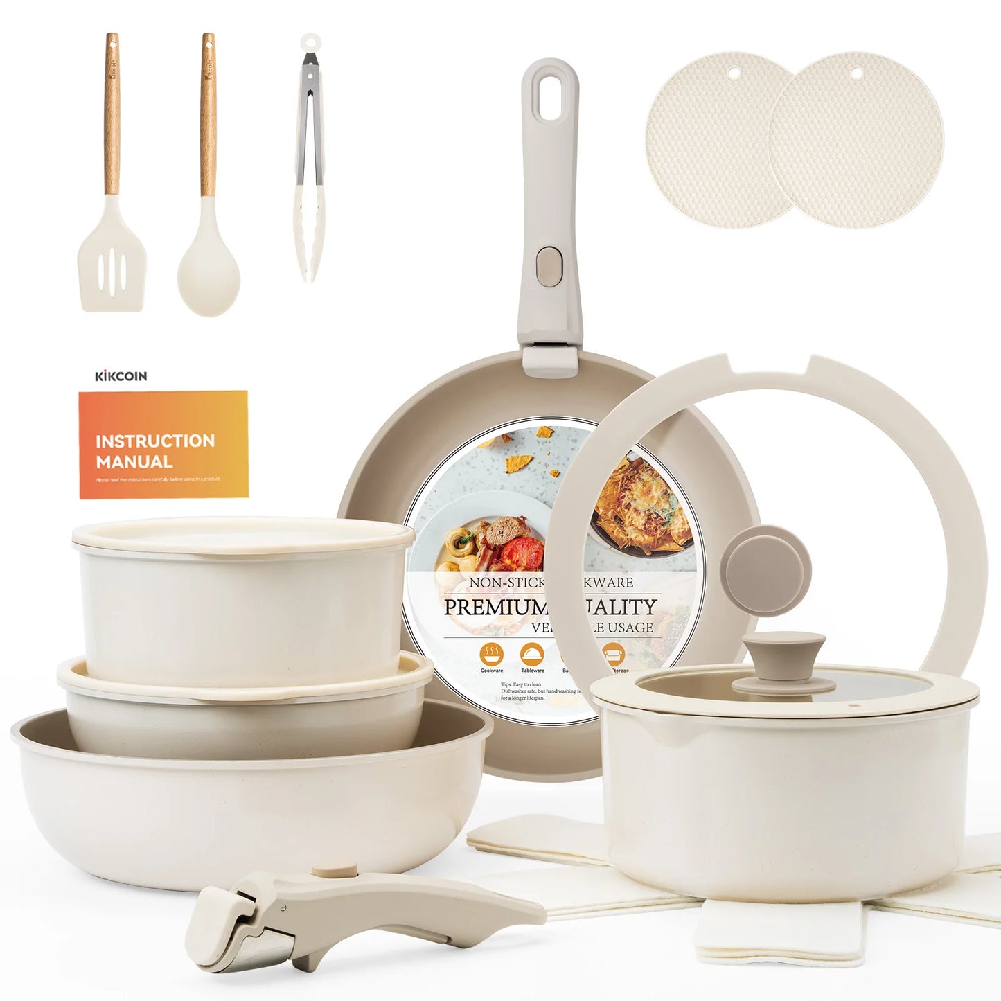 22 pieces, non-stick, induction, dishwasher and oven safe, khaki. Great gift for Christmas and Halloween.KIKCOIN.