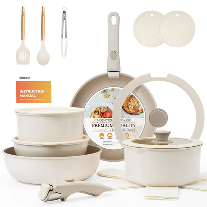 22 pieces, non-stick, induction, dishwasher and oven safe, khaki. Great gift for Christmas and Halloween.KIKCOIN.