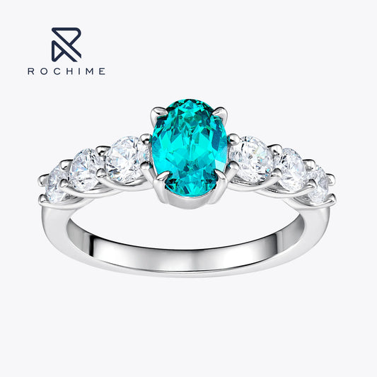 Rochime High End 925 Sterling Silver Rhodium Plated 1.4 Ct Lab Grown Paraiba Rings Fashion Jewelry for Women