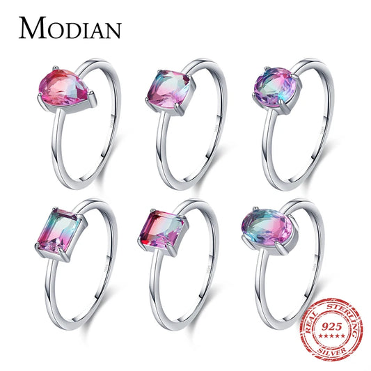 Modian Fashion Cocktail Color Ring Pure 925 Sterling Silver 6 Shape Geometric Tourmaline Finger Rings for Women Fine Jewelry