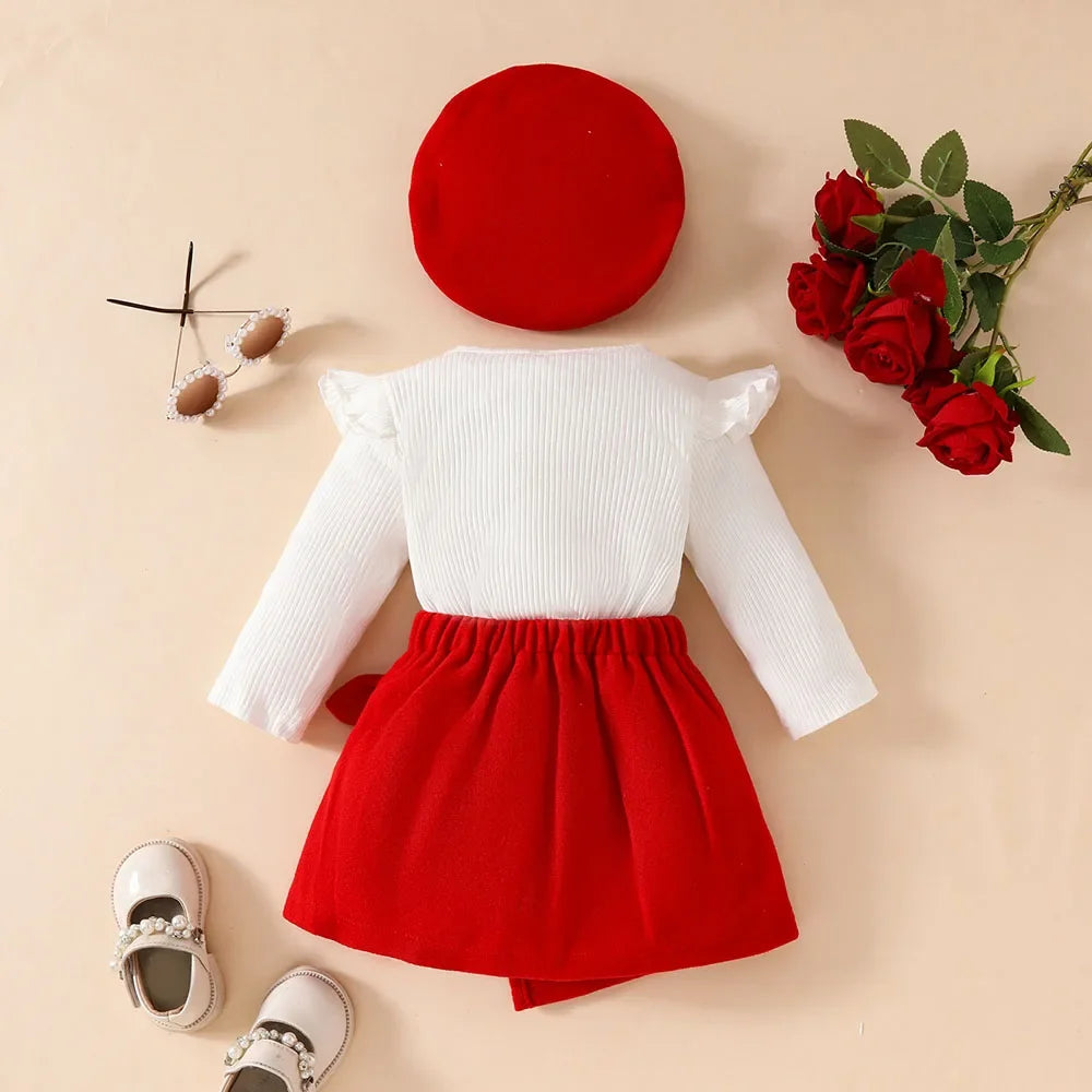 Baby Girls Clothes New Year Set 0-3Y Long Sleeve Big Bow Top Irregular Skirt and Beret Toddler Christmas Clothes