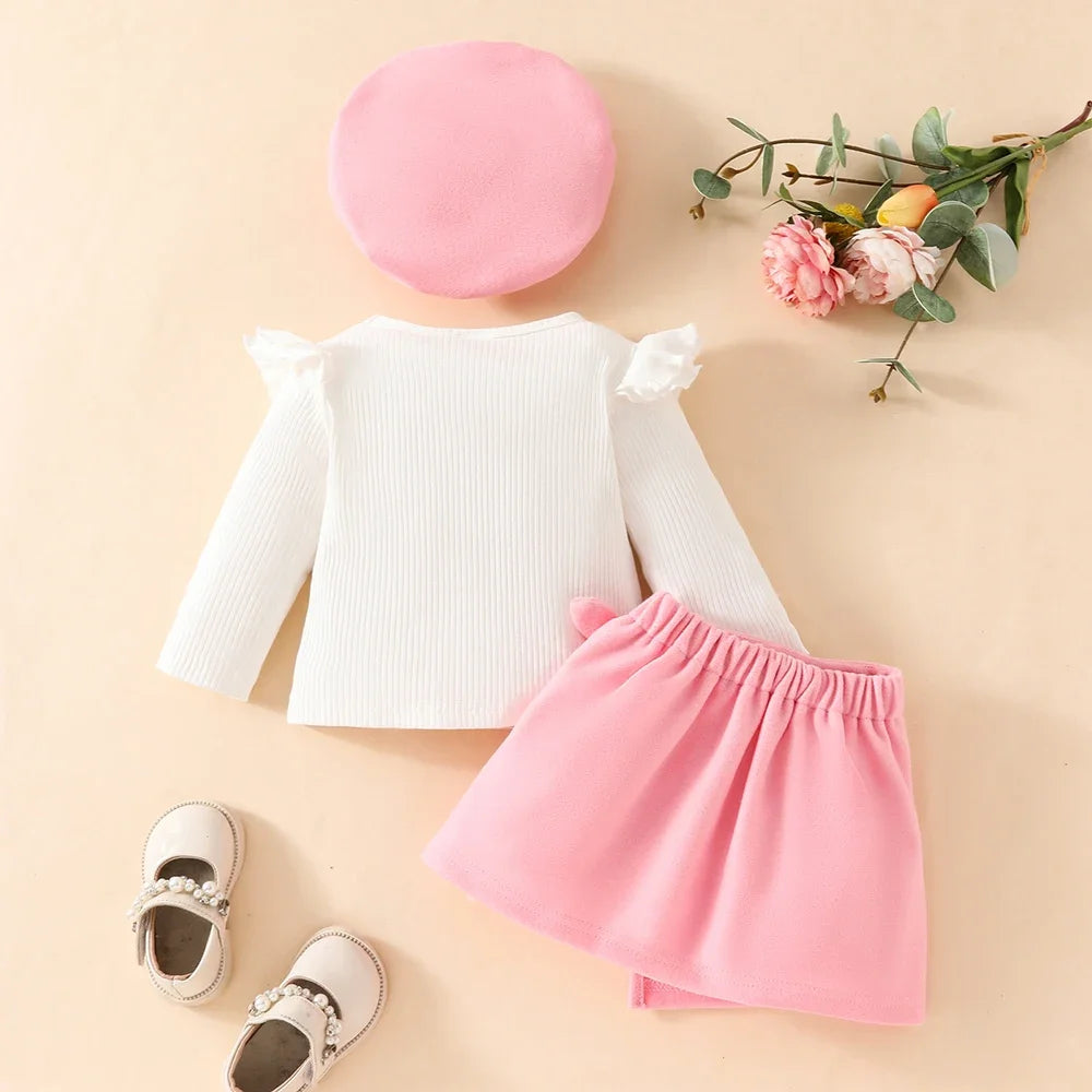 Baby Girls Clothes New Year Set 0-3Y Long Sleeve Big Bow Top Irregular Skirt and Beret Toddler Christmas Clothes