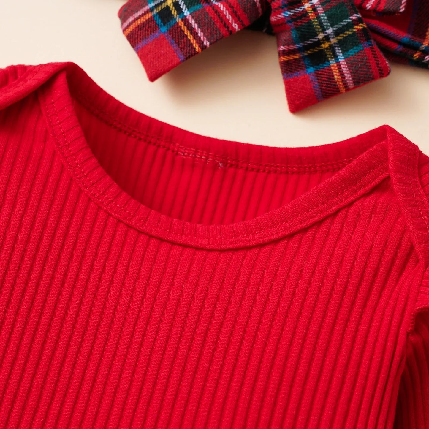 Baby Girls Christmas Ribbed Ruffles Long Sleeve Bodysuits+Plaid Layered Suspender Dress Xmas Outfits Newborn Clothes