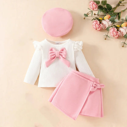 Baby Girls Clothes New Year Set 0-3Y Long Sleeve Big Bow Top Irregular Skirt and Beret Toddler Christmas Clothes