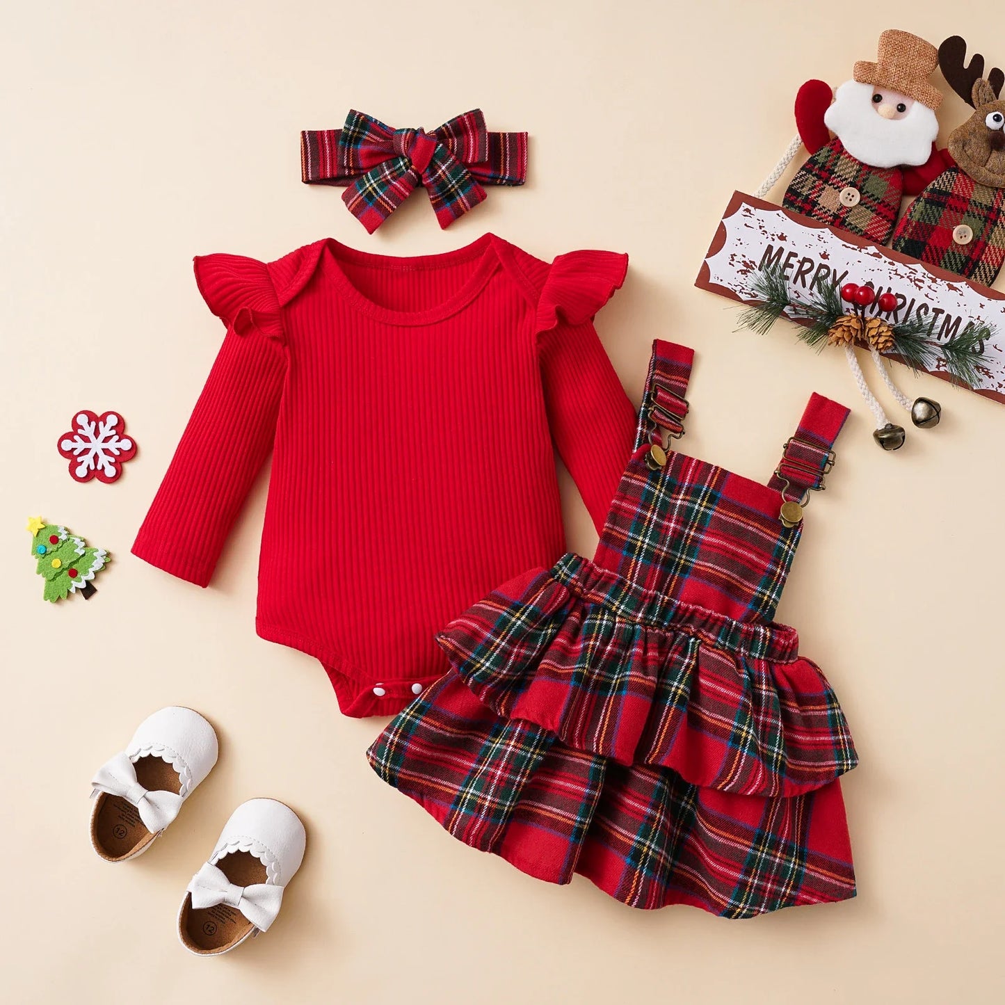 Baby Girls Christmas Ribbed Ruffles Long Sleeve Bodysuits+Plaid Layered Suspender Dress Xmas Outfits Newborn Clothes