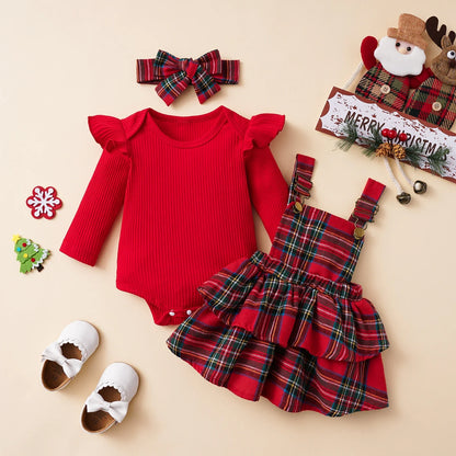 Baby Girls Christmas Ribbed Ruffles Long Sleeve Bodysuits+Plaid Layered Suspender Dress Xmas Outfits Newborn Clothes