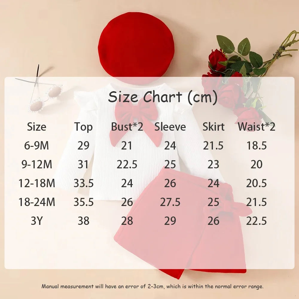 Baby Girls Clothes New Year Set 0-3Y Long Sleeve Big Bow Top Irregular Skirt and Beret Toddler Christmas Clothes