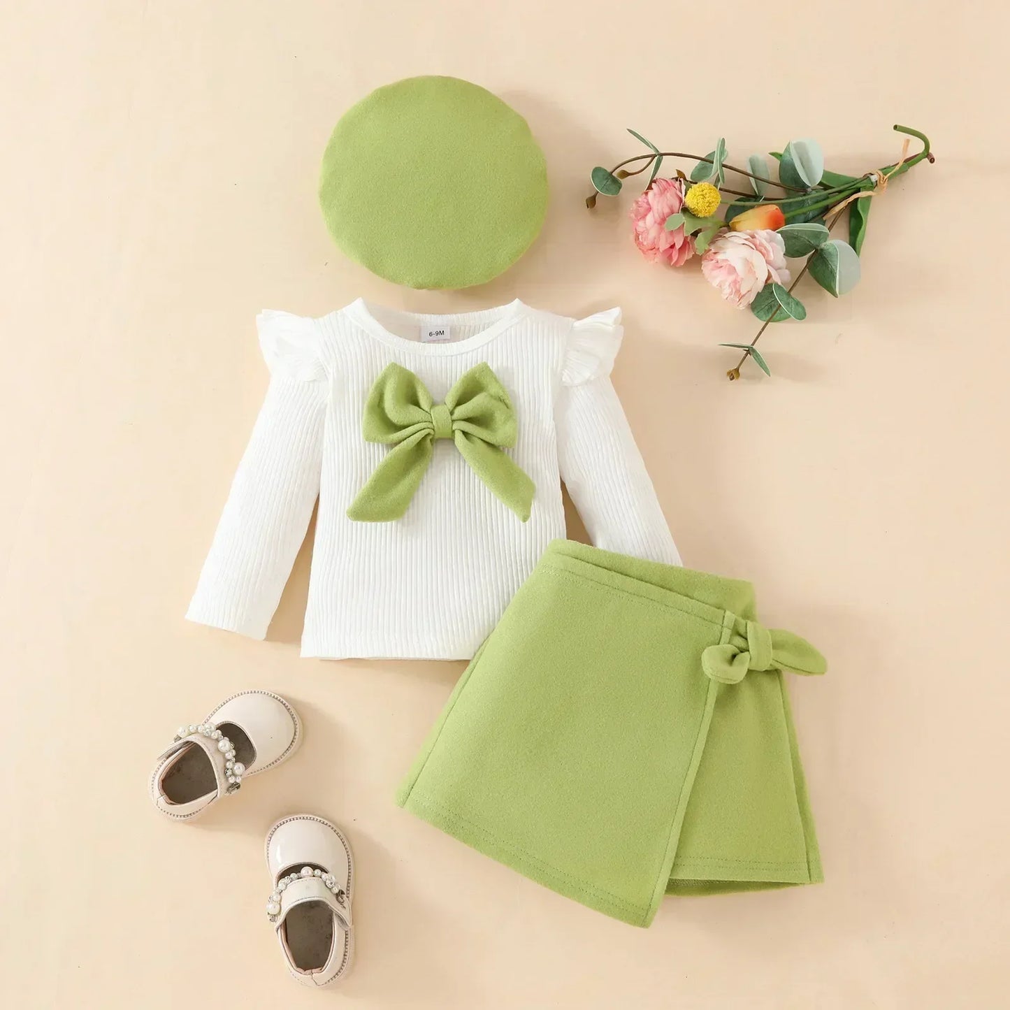 Baby Girls Clothes New Year Set 0-3Y Long Sleeve Big Bow Top Irregular Skirt and Beret Toddler Christmas Clothes