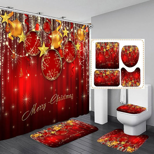Marry Christmas Shower Curtain Red Santa Claus Printed Waterproof Polyester Bath Curtain for New Year Christmas Bathroom Decor