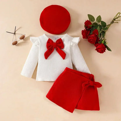 Baby Girls Clothes New Year Set 0-3Y Long Sleeve Big Bow Top Irregular Skirt and Beret Toddler Christmas Clothes