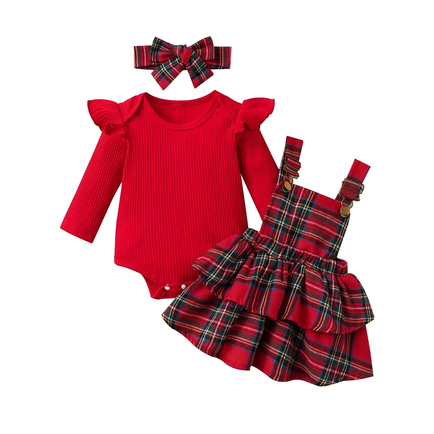 Baby Girls Christmas Ribbed Ruffles Long Sleeve Bodysuits+Plaid Layered Suspender Dress Xmas Outfits Newborn Clothes