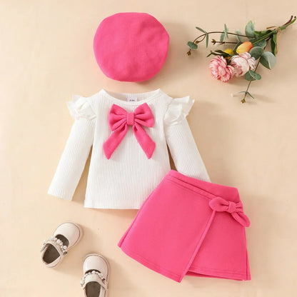 Baby Girls Clothes New Year Set 0-3Y Long Sleeve Big Bow Top Irregular Skirt and Beret Toddler Christmas Clothes