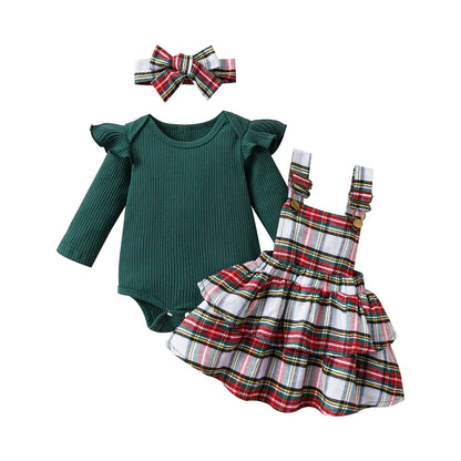 Baby Girls Christmas Ribbed Ruffles Long Sleeve Bodysuits+Plaid Layered Suspender Dress Xmas Outfits Newborn Clothes