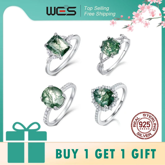 WES 925 Sterling Silver Natural Moss Agate Ring For Women Oval Cut Sea Grass Agate Flower Rings Wedding Party Jewelry Gift