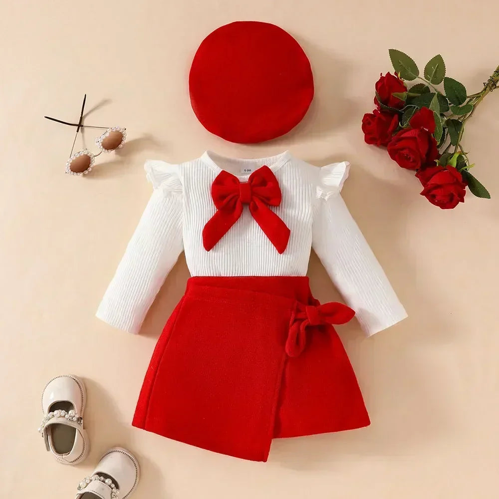 Baby Girls Clothes New Year Set 0-3Y Long Sleeve Big Bow Top Irregular Skirt and Beret Toddler Christmas Clothes