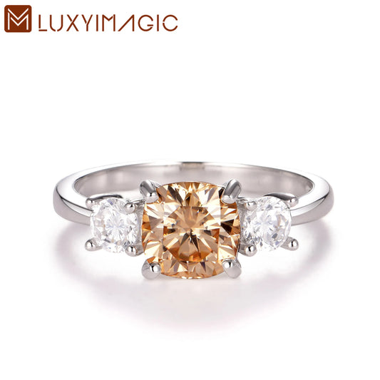 Luxyimagic 2ct Cushion Cut Champagne Moissanite Engagement Rings for Women 925 Sterling Silver for Party Christmas Gifts Jewelry