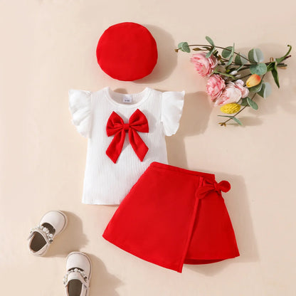 Baby Girls Clothes New Year Set 0-3Y Long Sleeve Big Bow Top Irregular Skirt and Beret Toddler Christmas Clothes