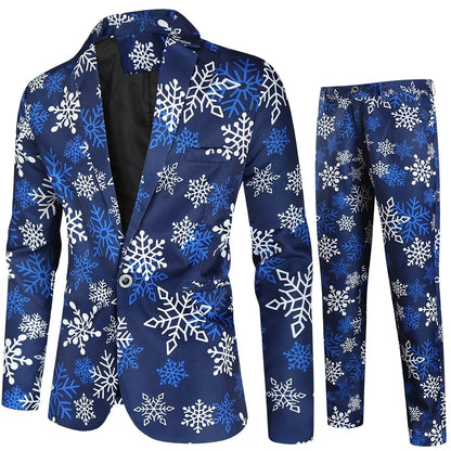 Blue Thin Men's Suit Two-Piece Set, Christmas Essential Loose Fit Asian Size Classic Christmas Outfit for Men